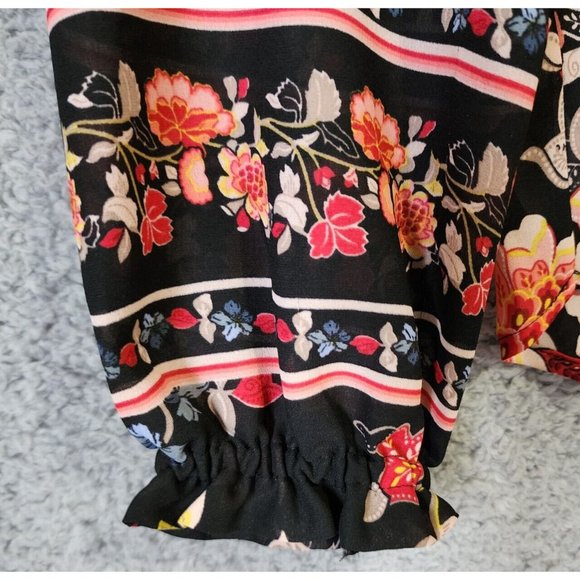 Loft Women's Long Sleeve Smocked V Neck Flowy Blouse Top Black Floral Size S - Picture 9 of 14